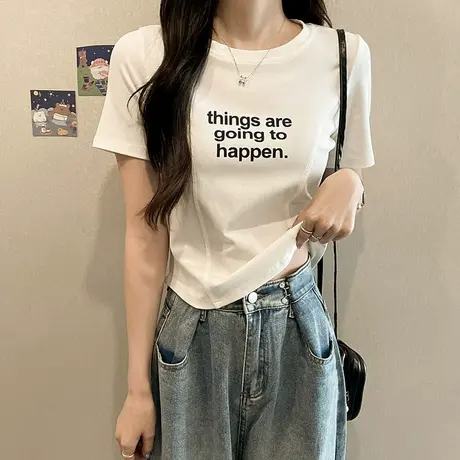 短袖t恤女2023夏季新款韩版小个子不规则短款设计感小众正肩上衣商品大图
