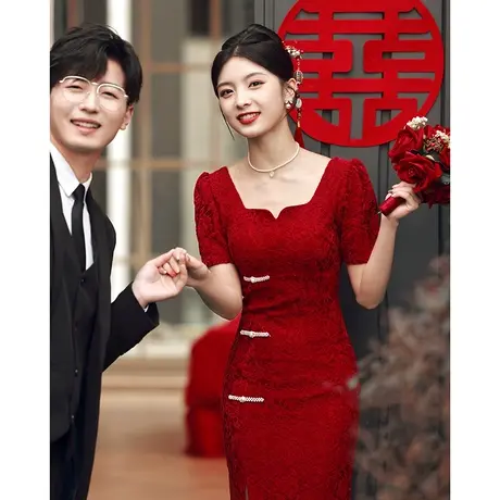 蕾丝敬酒服2023新款新娘新中式小个子红色订婚礼服修身高级感夏季商品大图
