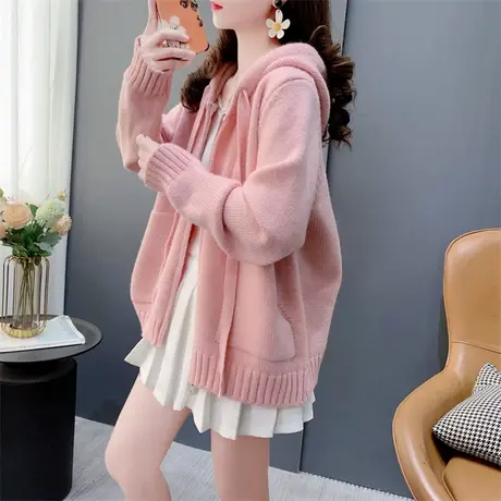 韩版双口袋纯色连帽针织开衫女春秋2024年新款宽松高级感毛衣外套商品大图