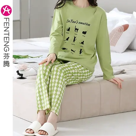 芬腾女士睡衣纯棉长袖圆领套装春秋季卡通可爱休闲大码家居服秋款商品大图