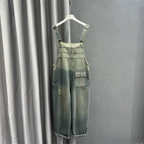 欧货撞色复古牛仔背带裤女2024春季新款高腰破洞大码显瘦连体长裤图片