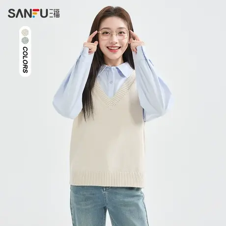 三福马甲女2024新款春季V领宽松毛衣背心衬衫叠穿上衣女装483415图片