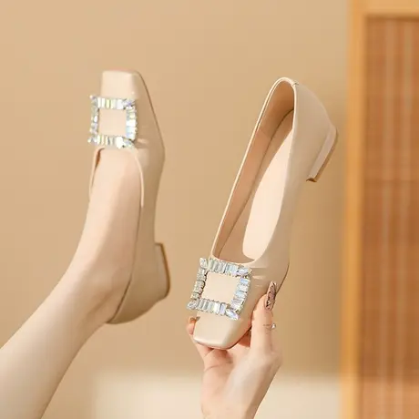 水钻方扣单鞋女2024年新款方头低跟一脚蹬软底职业工作鞋日常通勤商品大图