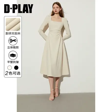 DPLAY2025春季法式白色连衣裙女复古方领收腰长款裙子气质长裙商品大图