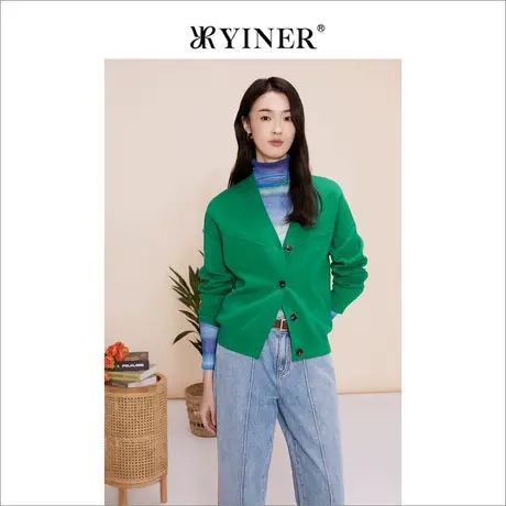 YINER音儿女装春季法式优雅气质高级感通勤绿色针织开衫图片