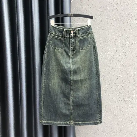 港风复古做旧牛仔半身裙女春季新款高腰显瘦弹力中长款a字包臀裙图片