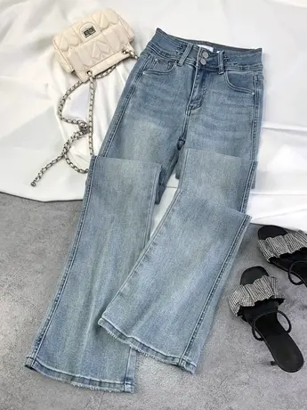 东大门两粒扣复古牛仔喇叭裤2024春季新款显瘦百搭高腰弹力微喇裤商品大图