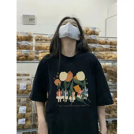 纯棉郁金香印花设计感小众短袖t恤女夏季宽松chic港味半袖上衣服商品大图