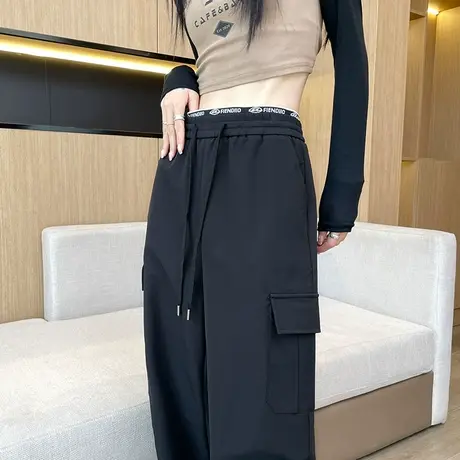 美式降落伞黑色工装裤女2024春秋高腰阔腿宽松休闲束脚灯笼运动裤商品大图