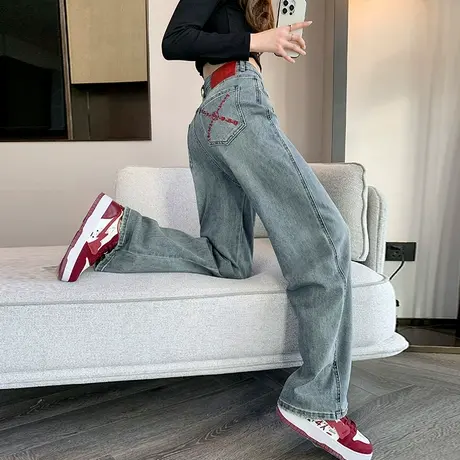 做旧高腰牛仔裤女2024年春秋新款复古磨白高级感窄版百搭拖地长裤图片