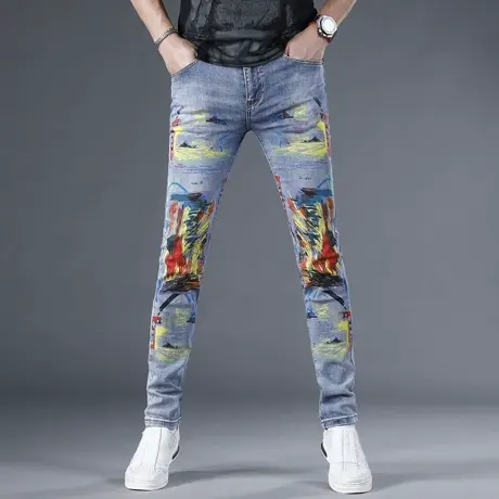 欧美高端花色牛仔裤男夏季新款潮牌修身小脚弹力百搭休闲裤子男商品大图