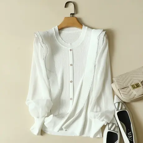 清仓！冰丝针织衫女春装2023年新款雪纺拼接长袖洋气蕾丝宽松上衣图片