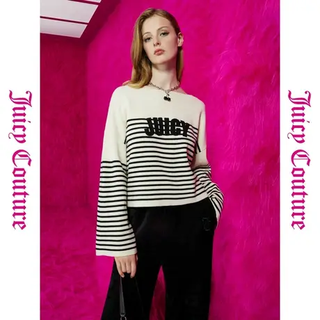 Juicy Couture橘滋初秋冬新款冬日线谱绣花撞色条纹女式毛衣商品大图