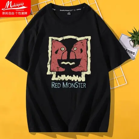 复古美式潮牌短袖t恤男夏季宽松oversize大码男装纯棉圆领黑上衣商品大图