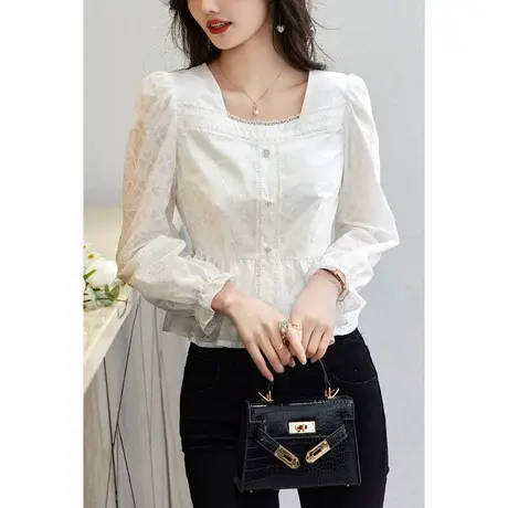 时尚气质淑女长袖衬衫2023年春季新款温柔甜美方领修身显瘦上衣商品大图