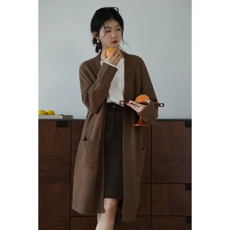 嘉茱莉2023秋季新款1OO羊毛针织开衫外套女长款宽松针织羊毛衫商品大图