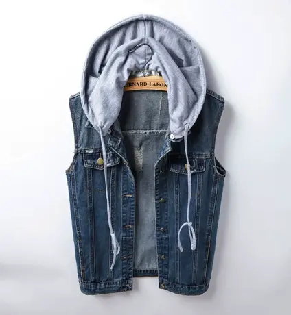 春秋韩版牛仔马甲女中长宽松新款无袖大码韩国BF风背心怀旧连带帽商品大图