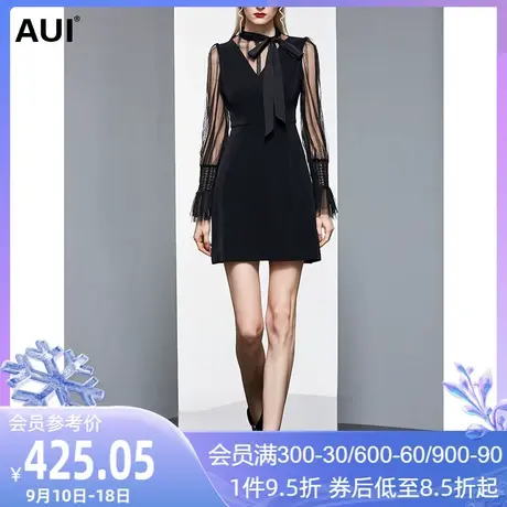 AUI黑色小个子连衣裙女春秋2023新款欧洲站网纱长袖气质a字小黑裙图片