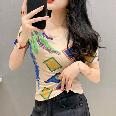 欧货网纱T恤女短袖2023夏装新款时尚漂亮印花上衣圆领修身丅恤ins商品大图