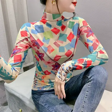 秋季2023新款半高领上衣性感网纱个性印花T恤女长袖减龄气质小衫商品大图
