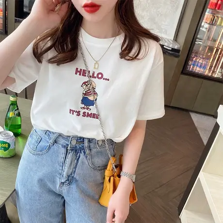 白色短袖女夏季2023年新款卡通t恤纯棉宽松印花圆领半袖上衣ins潮商品大图