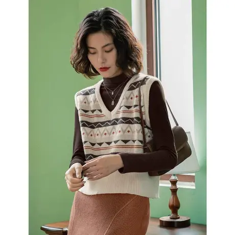 弥古民族风复古针织马甲女春秋外穿高级感v领无袖小坎肩背心外搭商品大图