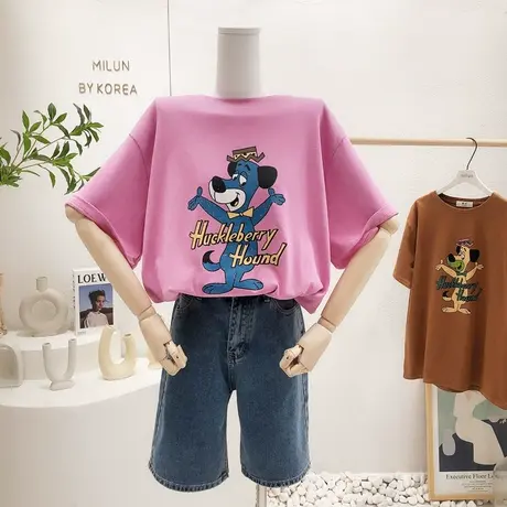 韩国东大门上衣2022年春夏季新款ins卡通狗复古短袖T恤梅子色大码图片