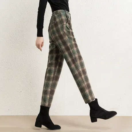 毛呢格子裤女秋冬休闲哈伦裤羊毛呢裤子女2023新款九分女裤萝卜裤商品大图