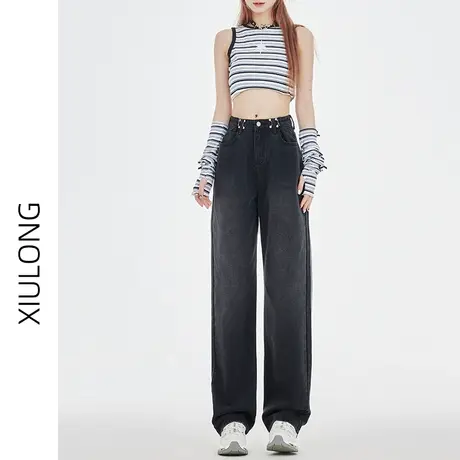 黑灰色高腰阔腿牛仔裤女春秋2023年新款显瘦直筒宽松设计感拖地裤图片