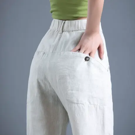 亚麻裤子女夏季薄款2023新款棉麻女裤胖mm大码显瘦哈伦休闲九分裤商品大图