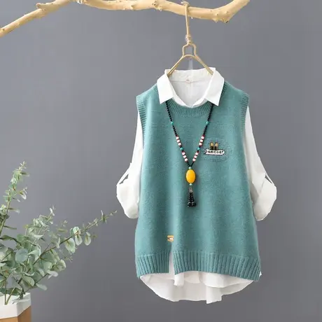 秋装新品短款圆领提花针织马夹女背心宽松套头无袖外套毛衣毛坎肩图片