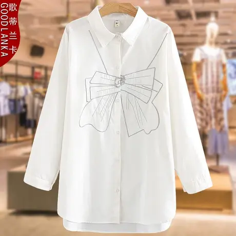 中年胖妈妈秋装衬衣200斤大码宽松中长款洋气刺绣女士长袖白衬衫商品大图