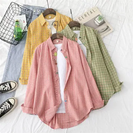 韩版春秋文艺小清新少女纯棉雏菊立体装饰格子衬衫宽松中长款衬衣商品大图