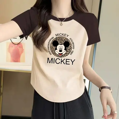 美式米奇印花短款正肩t恤女夏2023新款复古撞色插肩短袖纯棉上衣商品大图