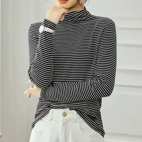 半高领磨毛打底衫女秋冬装条纹中领宽松上衣2023新款内搭加厚上衣商品大图