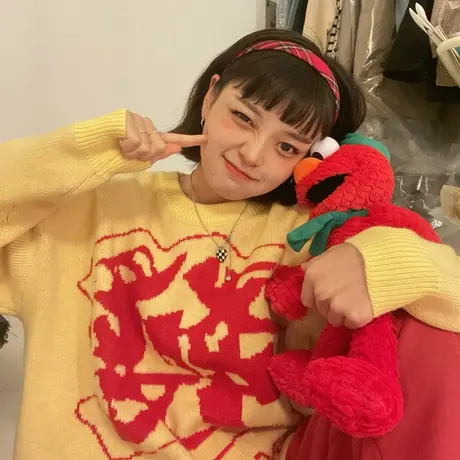 红续爱字提花毛衣女秋冬季新款加厚日系复古慵懒风宽松针织衫外套图片