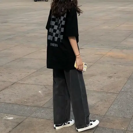 春秋学生牛仔裤女显瘦宽松百搭小个子烟灰色松紧腰梨形身材女裤子商品大图