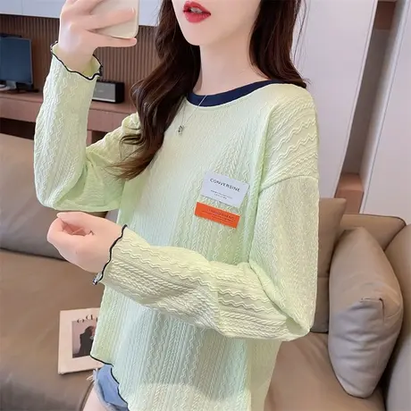 早秋长袖t恤女春秋季韩版宽松别致小众设计感小个子薄款撞色上衣图片