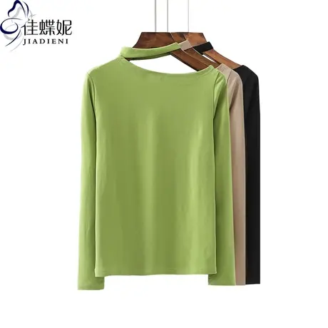 春秋季纯棉新款韩斜露肩长袖体恤上衣打底衫修身显瘦女装内搭T恤图片