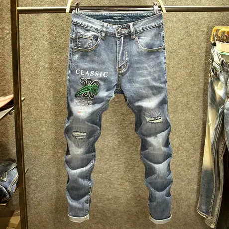 潮牌破洞补丁牛仔裤男修身弹力小脚裤高街刺绣老虎图案显瘦男裤子商品大图