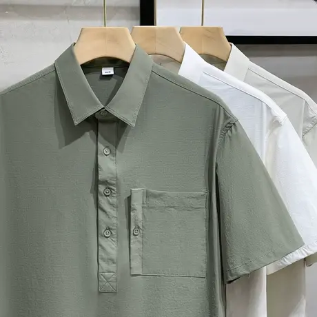 美式POLO衫领短袖衬衫男冰丝肌理夏季潮牌ins宽松休闲T恤套头衬衣图片