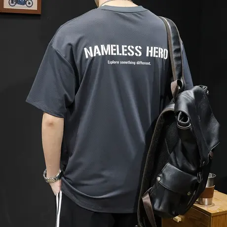 网眼透气 轻薄冰丝短袖t恤男士宽松大码夏季2023新款男款薄款男装商品大图