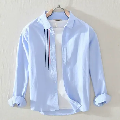 休闲长袖衬衫男2023春季新款男士刺绣上衣纯棉男生纯色衬衣外套潮商品大图