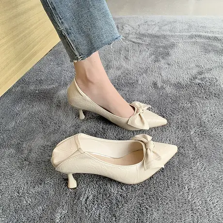高跟鞋女夏季2023新款法式一脚蹬浅口蝴蝶结细跟尖头时尚气质单鞋商品大图