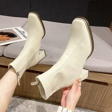 方头短靴女2023冬季新款气质黑色高跟马丁靴法式时尚粗跟切尔西靴商品大图