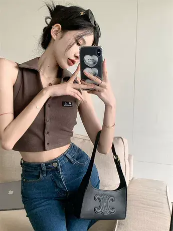 美式复古POLO领小背心吊带女夏季辣妹独特短款外穿无袖上衣甜辣图片