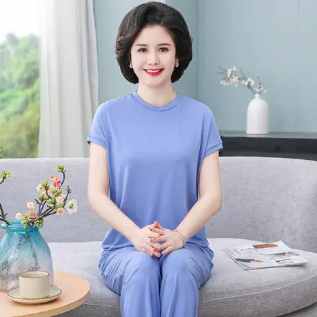 老年人莫代尔睡衣女夏款中年妈妈短袖长裤大码家居服两件套可外穿图片