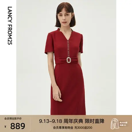 朗姿法式轻奢气质优雅中长款红色连衣裙女商场同款新年战袍礼服商品大图