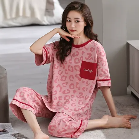 婷美睡衣女夏天纯棉薄款短袖七分裤圆领套头夏季可外穿家居服套装图片