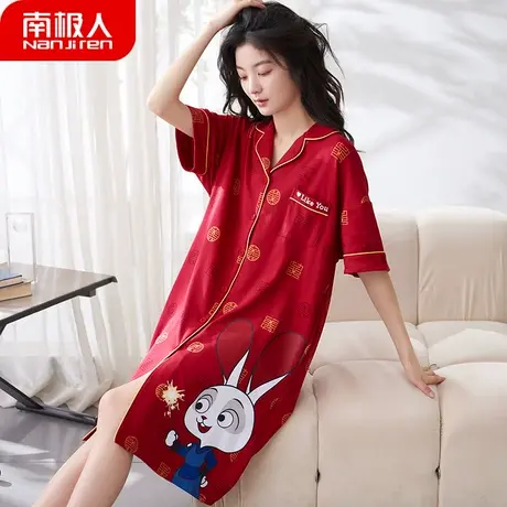 睡裙女夏季纯棉短袖红色本命年性感新娘女士孕妇艳丽睡衣女款夏款图片